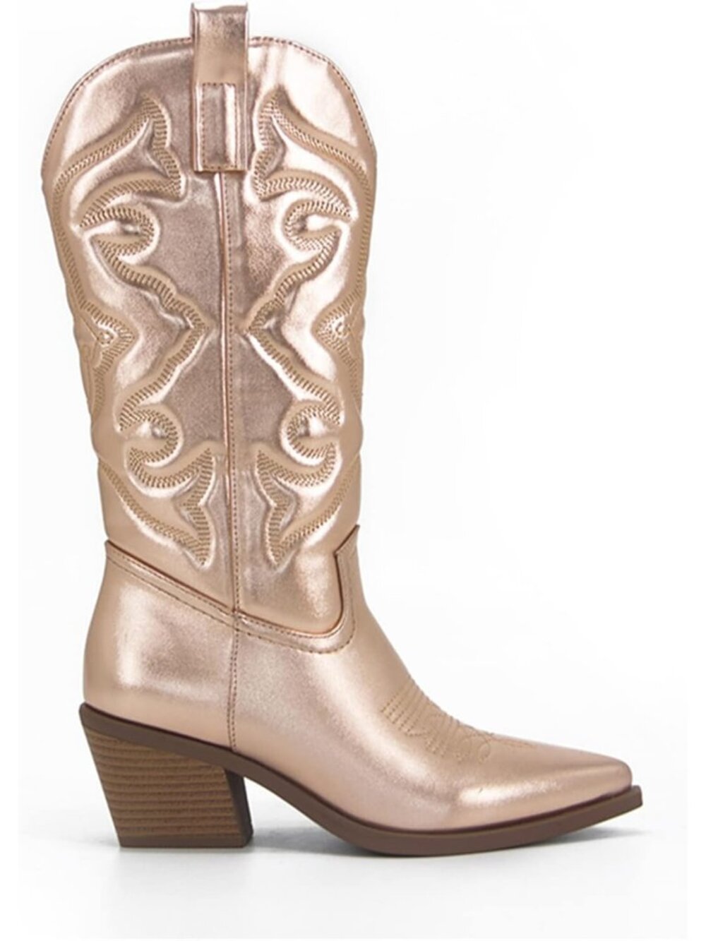 Women’s Gold Knee High Cowboy Boots Wide Calf Embroidered Pointed Toe Western